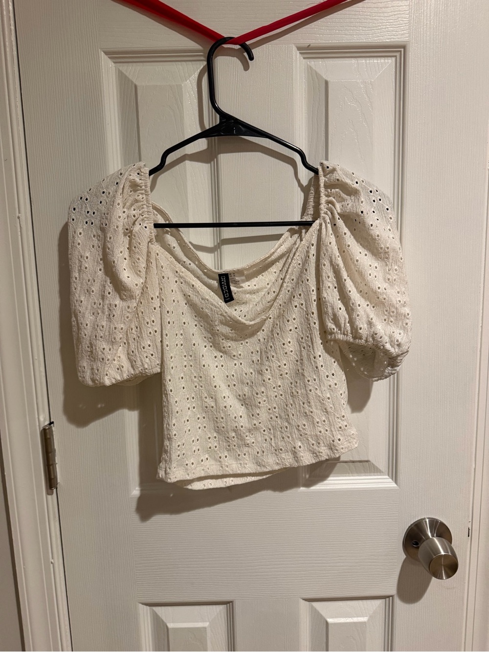 H&M Cream Eyelet Puff-Sleeve Square Neck Top